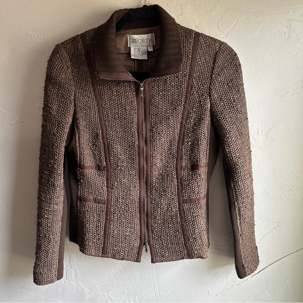 Worth‎ Mixed Textile Fitted Full Zip Linen/Cotton Blend Knit Jacket Brown Sz 4